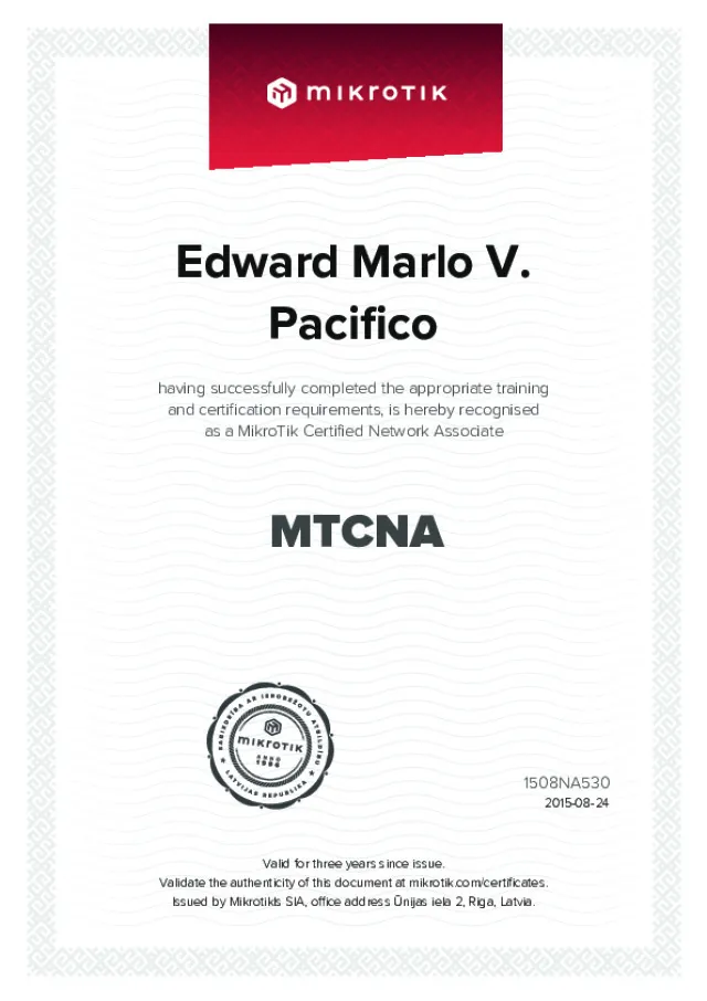 MikroTik Certified Network Associate certificate awarded to Edward Marlo V. Pacifico