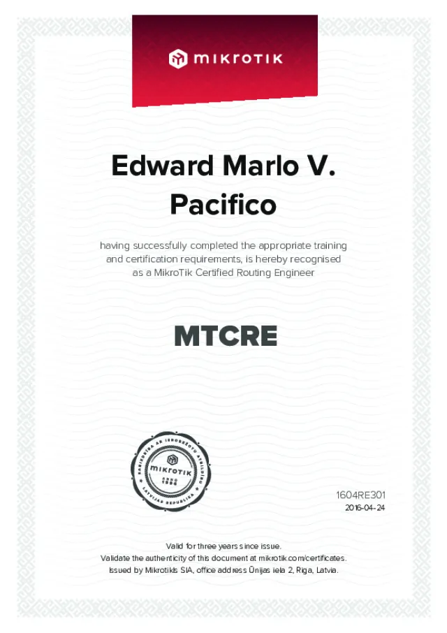 MikroTik Certified Routing Engineer certificate awarded to Edward Marlo V. Pacifico