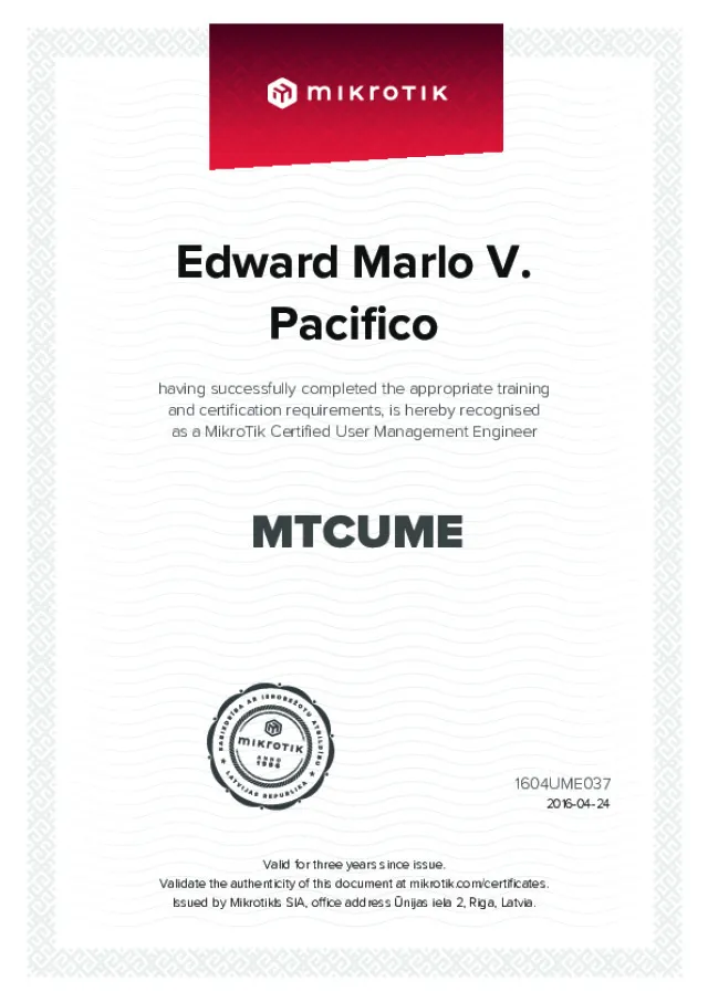 MikroTik Certified User Management Engineer certificate awarded to Edward Marlo V. Pacifico