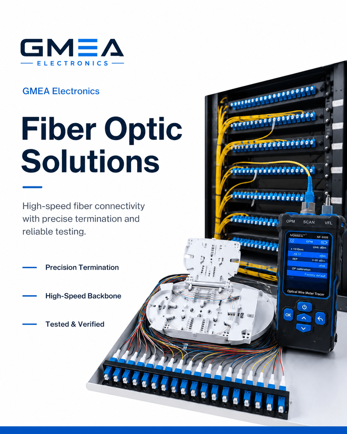 GMEA Electronics fiber optic termination, backbone, and testing solutions